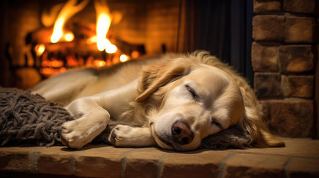Dog sleeping near a burning fireplaceの素材
