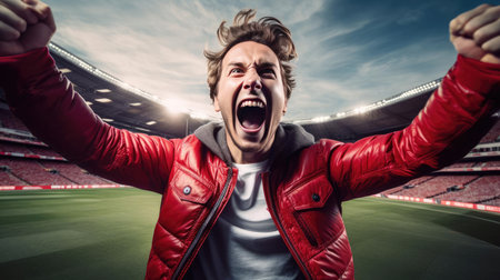 Happy man raising his hands in the air at a football gameの素材