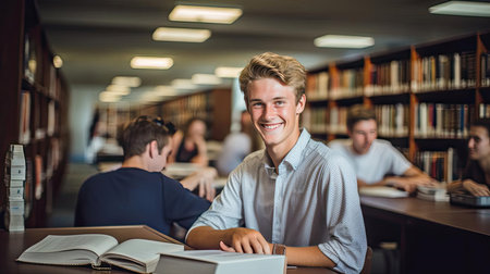University Library with Shelves of Books and Readersの素材