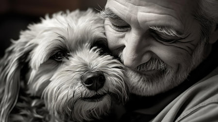 Man hugging his beloved dogの素材