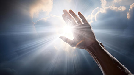A mans hand reaches for the light in the cloudsの素材
