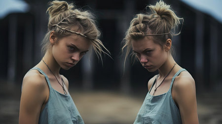 Two girls in identical dressesの素材