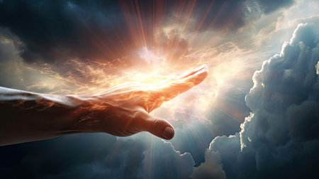 A mans hand reaches for the light in the cloudsの素材