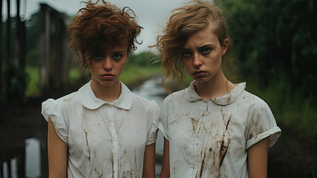 Two girls in identical dressesの素材