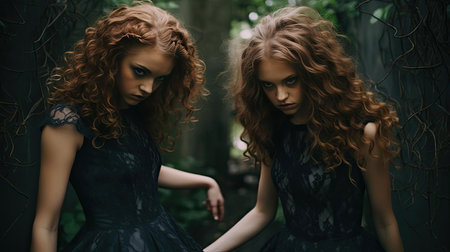 Two girls in identical dressesの素材