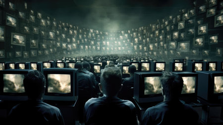 People in the room watching a lot of TVs with propagandaの素材