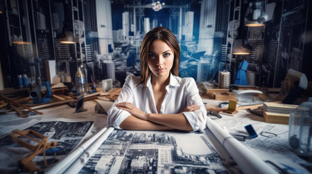 Young female architect sitting in front of drawings on construction site backgroundの素材