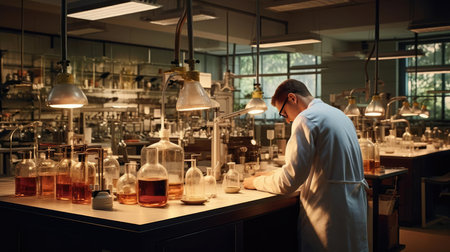 A scientist in a laboratory conducts experimentsの素材