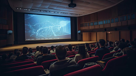 Conference in a university auditorium with a large screen on the wallの素材