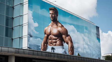 Photo of an athlete in a huge poster on a buildingの素材
