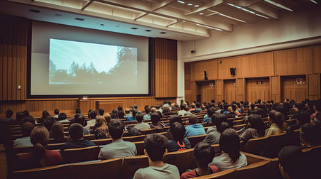 Conference in a university auditorium with a large screen on the wallの素材