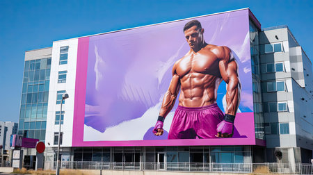 Photo of an athlete in a huge poster on a buildingの素材