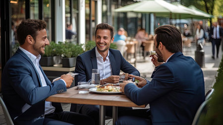 Friendly team of colleagues sitting in a cafe after workの素材