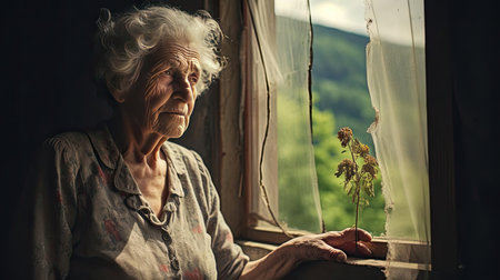 An elderly woman stands at the windowの素材