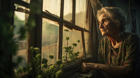 An elderly woman stands at the windowの素材