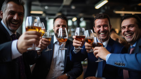 Colleagues at work clink glassesの素材