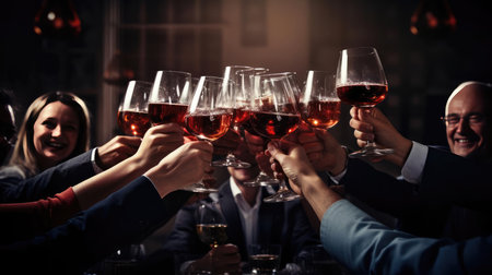 Colleagues at work clink glassesの素材