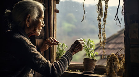 An elderly woman stands at the windowの素材