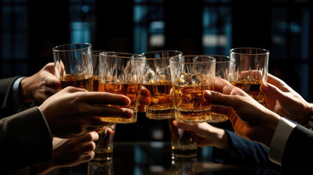 Colleagues at work clink glassesの素材