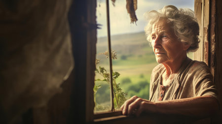 An elderly woman stands at the windowの素材