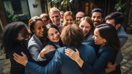 A team of colleagues hugging each otherの素材
