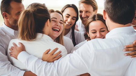 A team of colleagues hugging each otherの素材