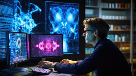 Researcher working in laboratory, glowing monitorsの素材