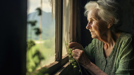 An elderly woman stands at the windowの素材