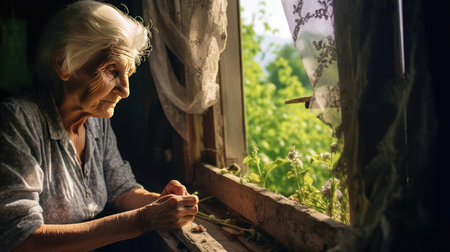 An elderly woman stands at the windowの素材