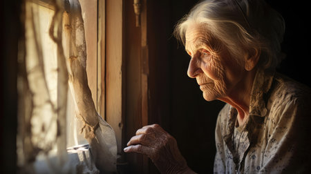 An elderly woman stands at the windowの素材