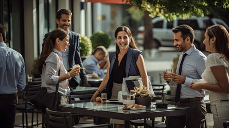 Friendly team of colleagues sitting in a cafe after workの素材