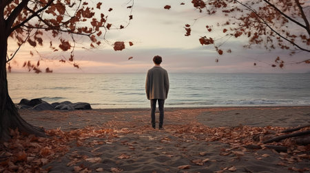A man on the shore of a lake or the sea looks longingly into the distanceの素材
