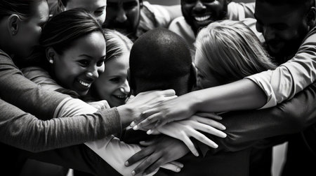 A team of colleagues hugging each otherの素材