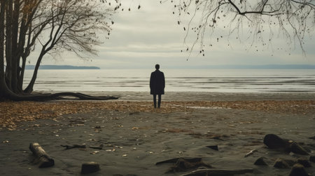 A man on the shore of a lake or the sea looks longingly into the distanceの素材