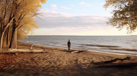 A man on the shore of a lake or the sea looks longingly into the distanceの素材