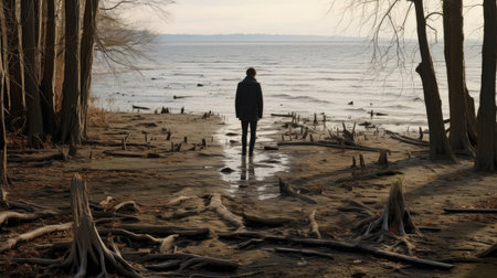 A man on the shore of a lake or the sea looks longingly into the distanceの素材