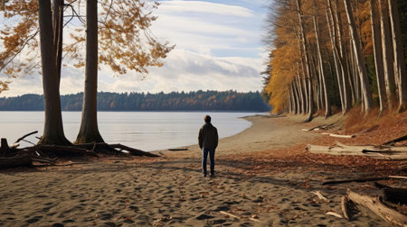 A man on the shore of a lake or the sea looks longingly into the distanceの素材