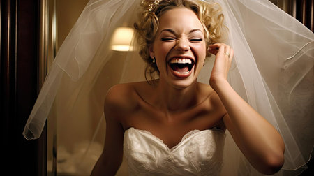 Young woman trying on a wedding dressの素材