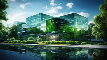 Modern glass building with greenery aroundの素材