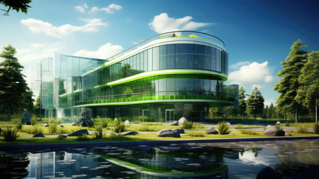 Modern glass building with greenery aroundの素材