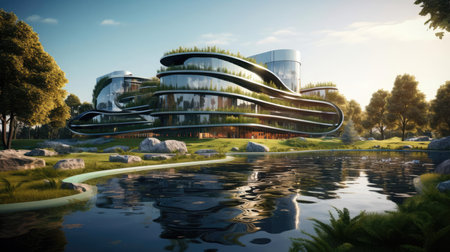 Modern glass building with greenery aroundの素材