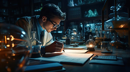 Scientific researcher at work tableの素材