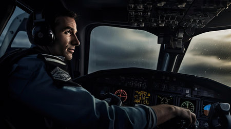 Small aircraft pilot at the controls of an aircraftの素材