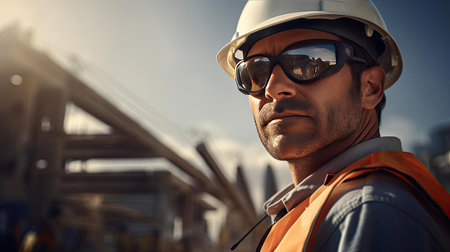 Construction worker in helmet at construction siteの素材