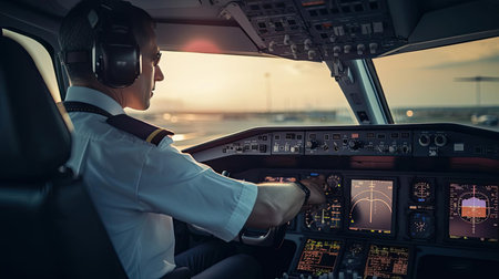 Small aircraft pilot at the controls of an aircraftの素材