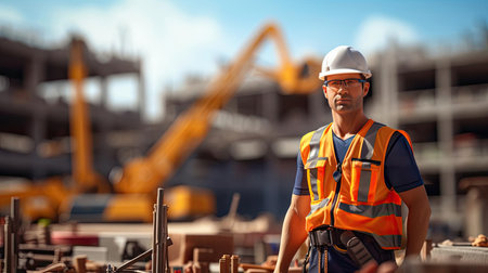 Construction worker in helmet at construction siteの素材