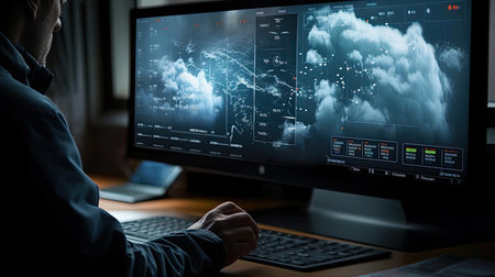 A meteorologist analyzes weather informationの素材