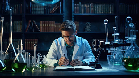 Scientific researcher at work tableの素材