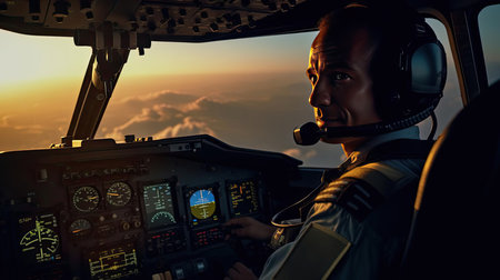 Small aircraft pilot at the controls of an aircraftの素材