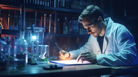 Scientific researcher at work tableの素材